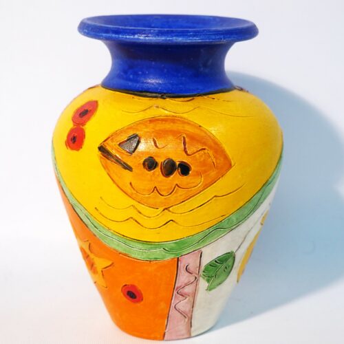 ancien vase pot terre cuite motif poisson soleil fruit