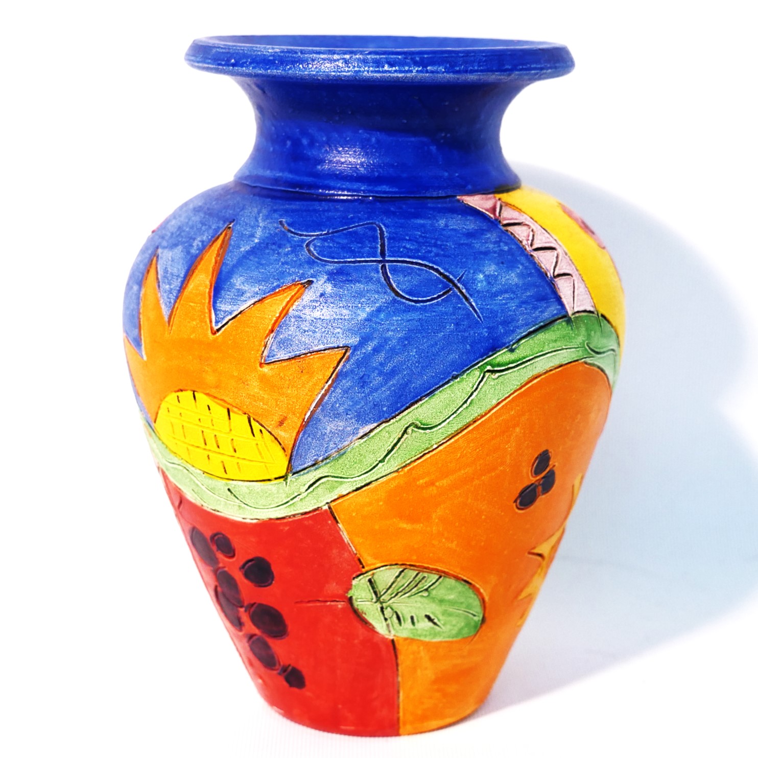 ancien vase pot terre cuite motif poisson soleil fruit