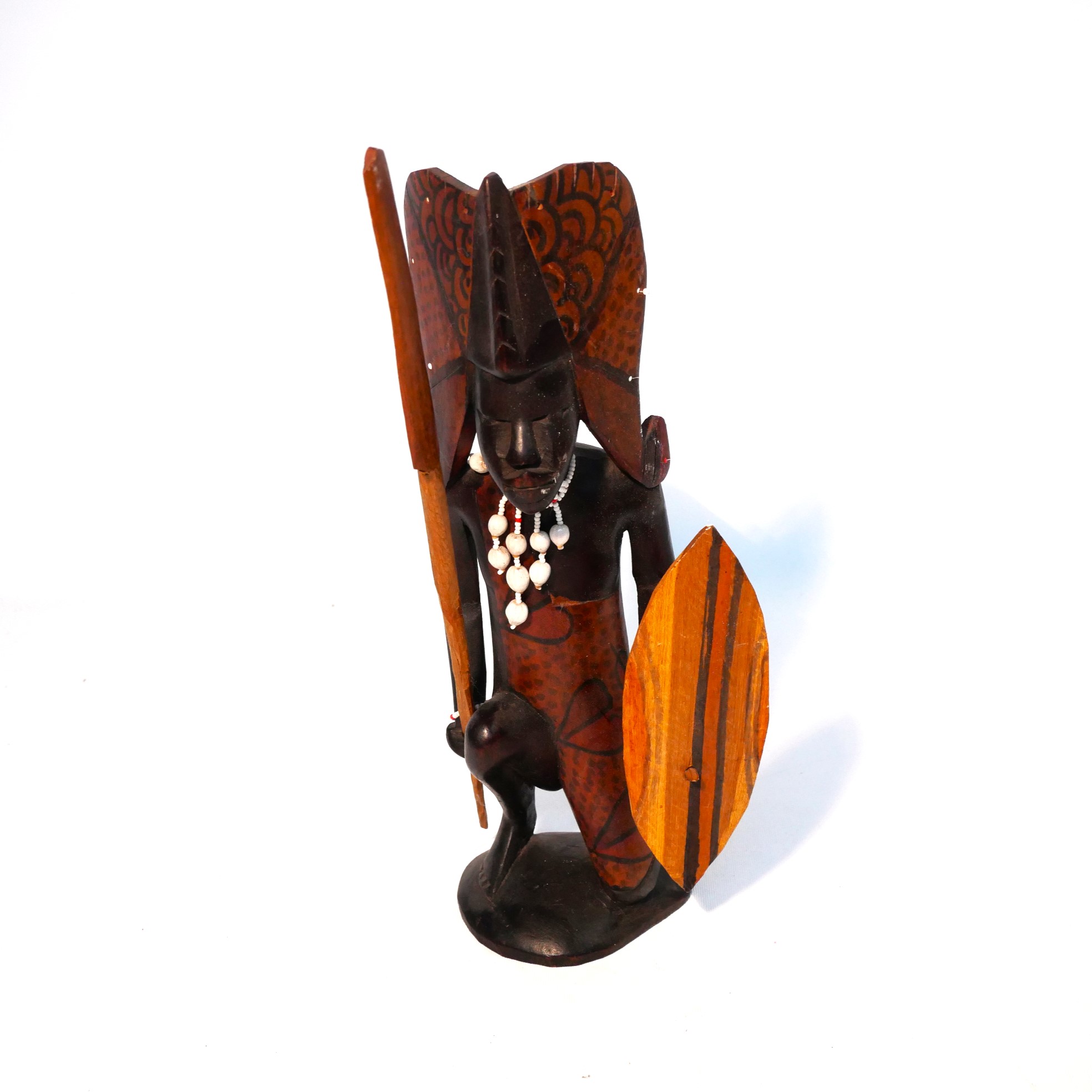 Sculpture guerrier chasseur bois exotique Afrique Kenya 42 cm sagaie bouclier